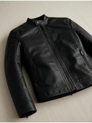 Jack & Jones Jjwarner Erkek PU Deri Mont Siyah Uzun Kol Orta Kalınlık Düz Desenli