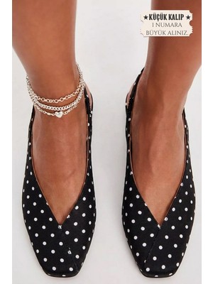 İx Siena Kadın Siyah Beyaz Puantiyeli Kare Burun Babet Slingback
