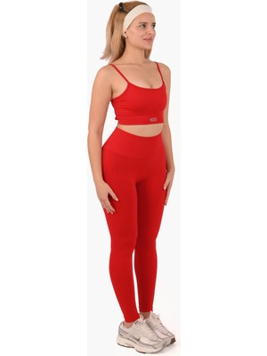 Nature The Brand Yüksek Bel Dikişsiz ve Büzgülü Kalça Toparlayıcı Spor Tayt Kırmızı