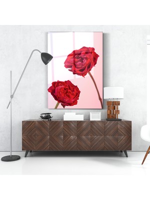 Zera Wall Cam Tablo Kırmızı Güller Romantik Çiçek Temalı Duvar Dekorasyonu