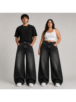 St.Poll Siyah Eskitme Yıkamalı Unisex Büyük Beden Baggy Jean Pantolon