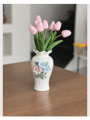 Marys Concept Çiçek Kabartmalı Porselen Vazo Mavi-Pembe