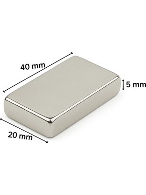 Eco Lounge 40×20×5 mm N35 Neodyum Mıknatıs – Nikel Kaplama, Köşeli (10’lu Paket)