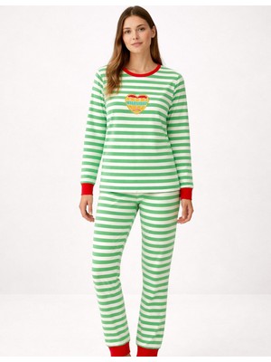 Organickid Cookie Kadın Yeşil Çizgili Uzun Kol Pijama Takımı