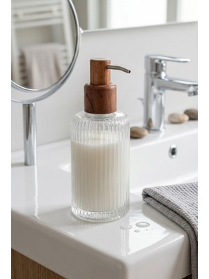 Atbyhome Ahşap Pompalı Çizgili Cam Sıvı Sabunluk - Banyo ve Mutfak Tezgah Üstü Bulaşık Deterjanlığı