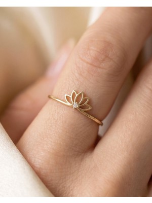 İndigo Takı Minik Lotus Çiçeği 14 Ayar Altın Yüzük