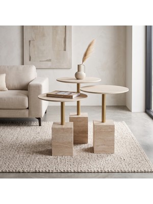 Her Dizayn Aksesuar Modern Zigon Sehpa Trio Yuvarlak Servis Sehpası Traverten Desenli %100 Mdf
