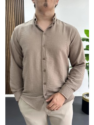 Edwox Erkek Keten Karışımlı Slim Fit Gömlek Vizon EDW499