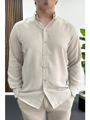Edwox Erkek Keten Karışımlı Slim Fit Gömlek Bej EDW499