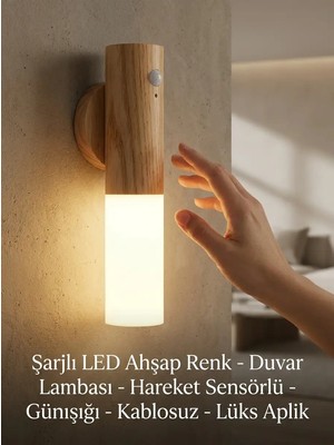Eco Lounge Şarjlı Ahşap Görünümlü LED Duvar Lambası Kablosuz Hareket Sensörlü Günışığı Aplik