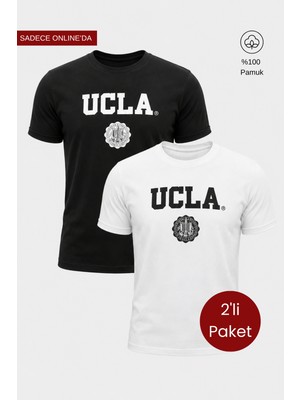 Ucla Gayley 2\'li Set Beyaz & Siyah Bisiklet Yaka Baskılı %100 Pamuk Standard Fit Erkek Tshirt