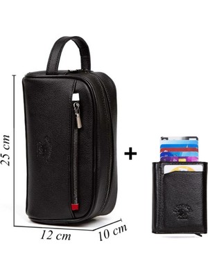 Sannora Bags Siyah Deri Portföy El Çantası Seyahat Traş Kozmetik Bakım Çanta ve Mekanizmalı Cüzdan Set