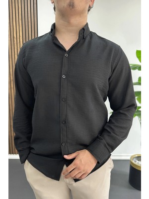 Edwox Erkek Keten Karışımlı Slim Fit Gömlek Siyah EDW499