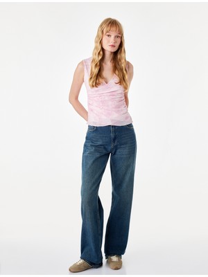 Koton Slim Fit Kruvaze Yaka Kolsuz Çiçekli Tül Bluz