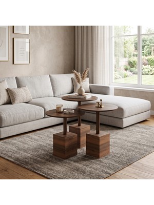 Her Dizayn Aksesuar Modern Zigon Sehpa Trio Yuvarlak Servis Sehpası Ceviz %100 Mdf