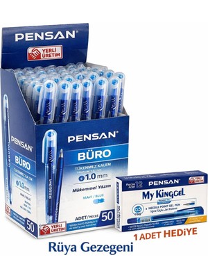 Pensan Büro Tükenmez Kalem Mavi 1.0 mm Büro Tipi 50 Adet 1 Kutu / 1 Adet My Kıng Mavi Jel Kalem Hediye