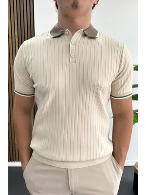 Edwox Erkek Şerit Detaylı Polo Yaka Tişört Krem EDW497
