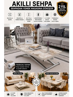 Sehpam Akıllı Home Üst Tabla Mdf Beyaz Mermer Oval Köşe Alt Ayak Krom