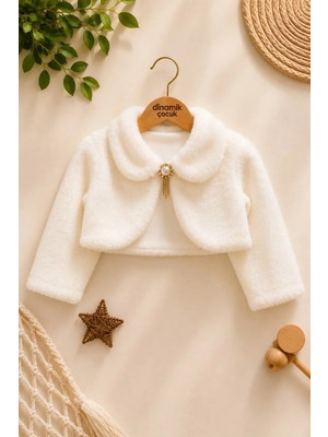 Dinamik çocuk Kız Çocuk Peluş Bolero Kürk Görünümlü Crop Kısa Ceket Inci Düğmeli Şık Özel Gün 1-2-3-4-5 Yaş Bayram Doğum Günü