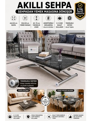 Sehpam Akıllı Home Üst Tabla Mdf Siyah Mermer Oval Köşe Alt Ayak Krom