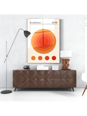 Zera Wall Cam Tablo Bauhaus 1919 Turuncu Kırmızı Dairesel Geometrik Duvar Dekorasyonu