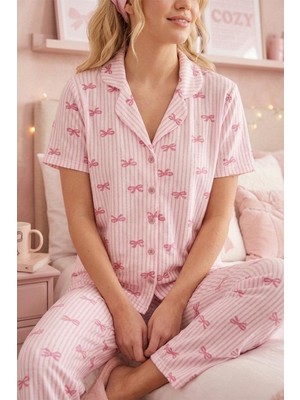 Fit Women Kadın Pembe Kurdele Desenli Bürümcük Kumaş Kısa Kollu Pijama Takımı 6064