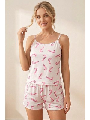 Fit Women Kadın Baston Şeker Desenli Ip Askılı Şortlu Pijama Takımı 4613 Pembe