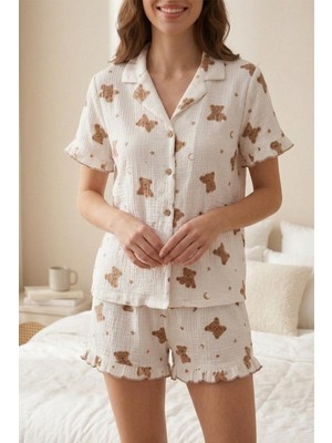 Fit Women Kadın Ayıcık Desenli Fırfır Detaylı Şortlu Pijama Takımı 8073