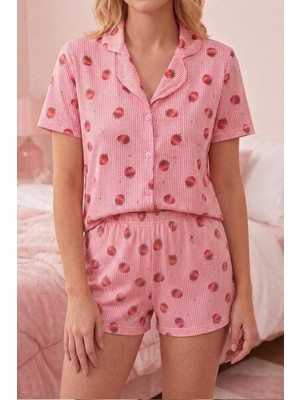 Fit Women Kadın Çilek Desenli Şortlu Pijama Takımı 4611 Pembe
