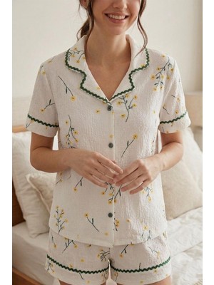 Fit Women Kadın Su Yolu Desenli Sarı Çiçek Baskılı Şortlu Pijama Takımı 4585