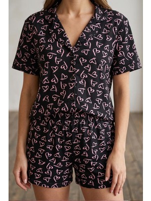 Fit Women Kadın Pembe Kalp Desenli Düğmeli Şortlu Pijama Takımı 4608 Siyah
