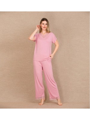 Beruflic  Viskon Şık Tasarım Dantel Işlemeli Pembe Kısa Kol Pijama Takımı