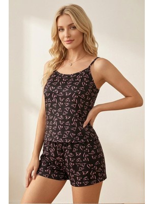Fit Women Kadın Pembe Kalp Desenli Ip Askılı Şortlu Pijama Takımı 4614 Siyah