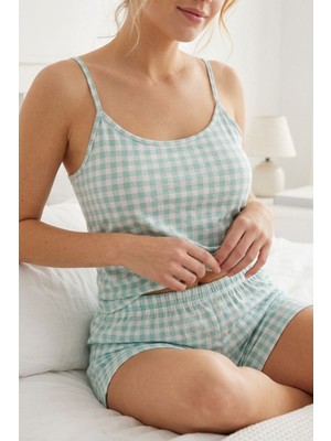 Fit Women Kadın Yeşil Beyaz Kareli Ip Askılı Şortlu Pijama Takımı 4621 Su Yeşili