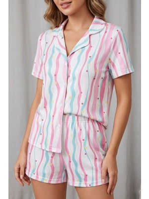 Fit Women Kadın Yıldız ve Kalp Desenli Çizgili Düğmeli Şortlu Pijama Takımı 4606 Çok Renkli