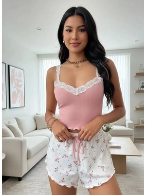 Beruflic Kadın Çiçek Desenli Dantel Askılı Şortlu Pijama Takımı Rahat Ev Giyim