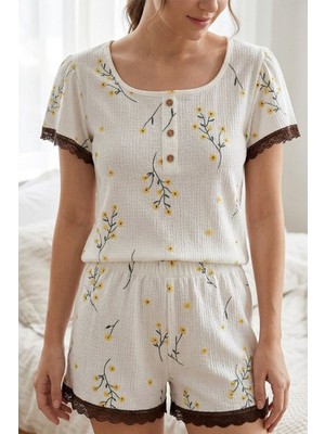 Fit Women Kadın Dantel Detaylı Çiçek Baskılı Şortlu Pijama Takımı 4584