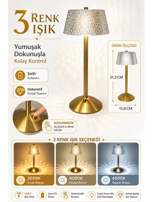 Neo Vista Büyük Boy Elmas Tasarım Kristal LED Masa Lambası 3 Renk Işıklı, Dokunmatik ve Şarjlı Dekoratif Aydınlatma