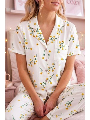 Fit Women Kadın Çiçek Baskılı Bürümcük Kumaş Kısa Kollu Pijama Takımı 6067