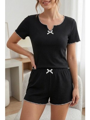 Fit Women Kadın Pamuklu Kısa Kollu Fiyonk Detaylı Şortlu Pijama Takımı 4618 Siyah