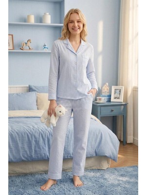 Fit Women Kadın Mavi Çizgi Desenli Bürümcük Kumaş Uzun Kollu Pijama Takımı 4465