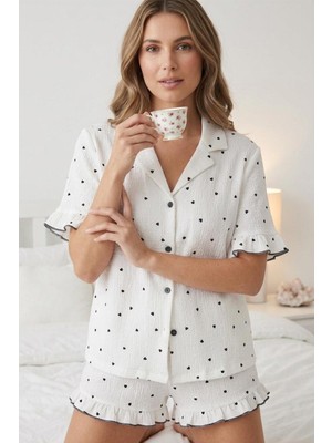Fit Women Kadın Siyah Kalp Desenli Fırfır Detaylı Şortlu Pijama Takımı 8072