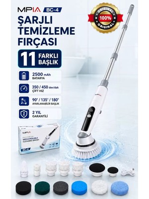 MPIA Şarjlı Ve Elektrikli Temizlik Fırçası | Turbo Dönüş Teknolojisi | IPX7 Su Geçirmez 11 Başlık Dahil Mutfak, Banyo