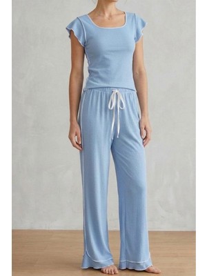 Fit Women Kadın Bürümcük Kumaş Fırfır Detaylı Kısa Kollu Pijama Takımı 6022