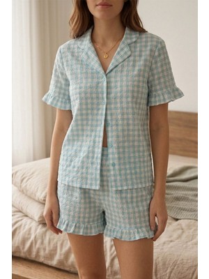 Fit Women Kadın Kare Desenli Fırfır Detaylı Şortlu Pijama Takımı 8070