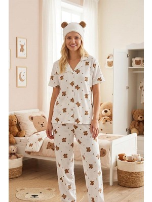 Fit Women Kadın Ayıcık Desenli Bürümcük Kumaş Kısa Kollu Pijama Takımı 6068