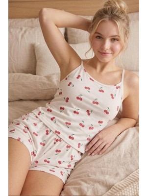 Fit Women Kadın Kiraz Desenli Ip Askılı Şortlu Pijama Takımı 4615 Beyaz