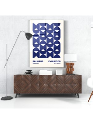 Zera Wall Cam Tablo Lacivert Krem Geometrik Desen Bauhaus Duvar Dekorasyonu