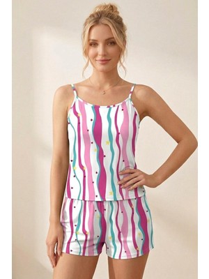 Fit Women Kadın Yıldız ve Kalp Desenli Çizgili Ip Askılı Şortlu Pijama Takımı 4612 Çok Renkli