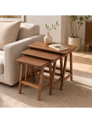 Ganni Home Alvis Zigon Sehpa Ceviz – Ceviz Ahşap Iskeletli Modern 3’lü Sehpa Seti